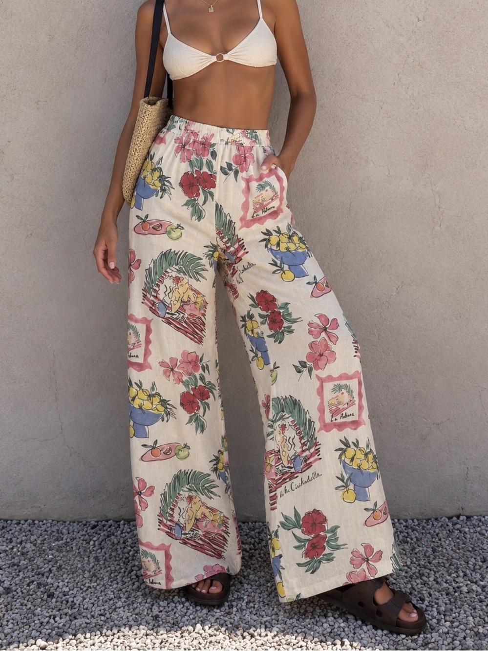 NWT Vrg Grl Linen Wide-Leg Cream Floral Print Pants with Elastic Waist - US 8